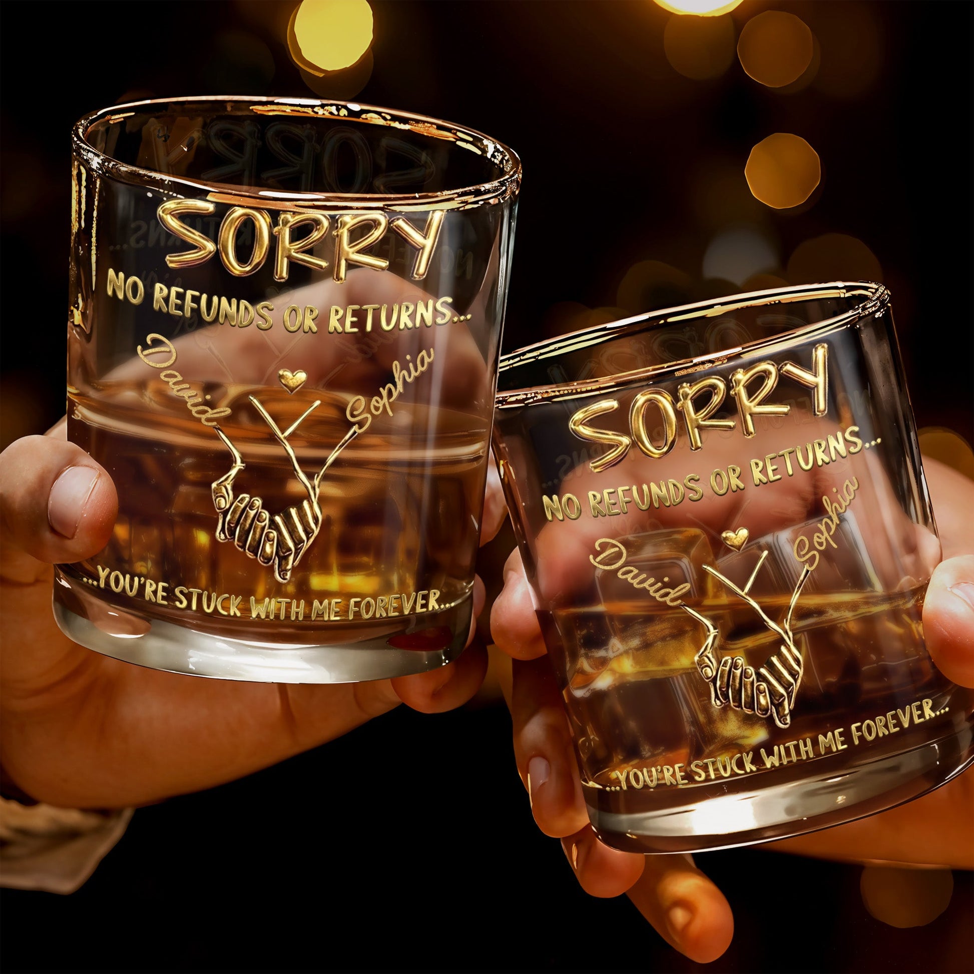 Sorry No Refunds Or Returns You're Stuck With Me Forever Handshake - Personalized Custom Whiskey Glass - CPL1326_RWG