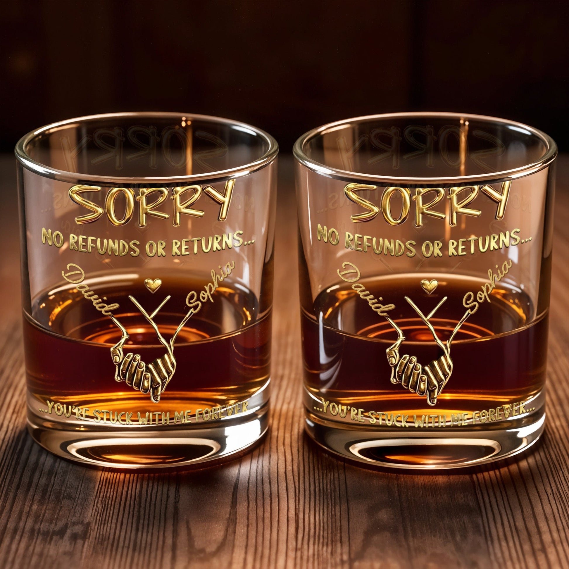 Sorry No Refunds Or Returns You're Stuck With Me Forever Handshake - Personalized Custom Whiskey Glass - CPL1326_RWG