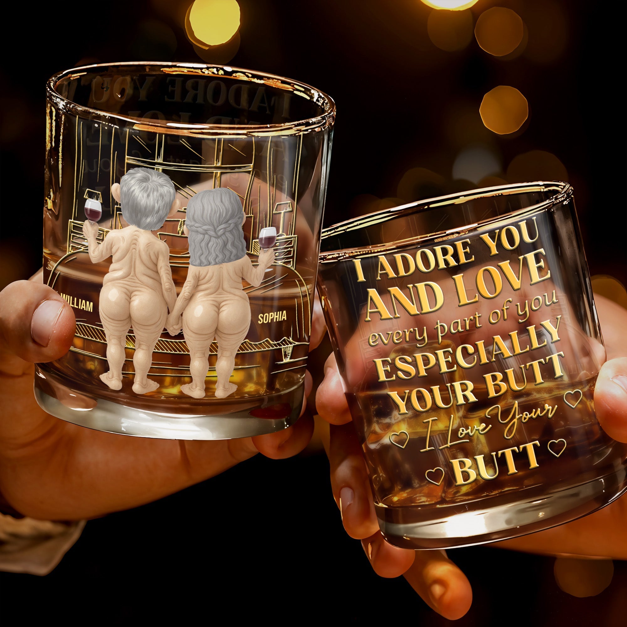 Together Forever, Elderly Couple With Wine Glasses - Personalized Custom Whiskey Glass - CPL1338_RWG