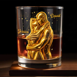 Our Love Is Golden Hugging Couple With Stars - Personalized Custom Whiskey Glass - CPL1374_RWG
