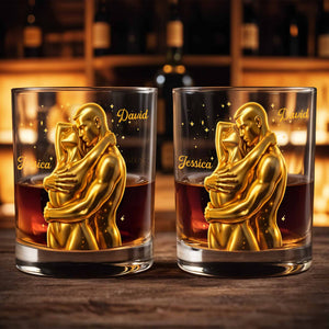 Our Love Is Golden Hugging Couple With Stars - Personalized Custom Whiskey Glass - CPL1374_RWG