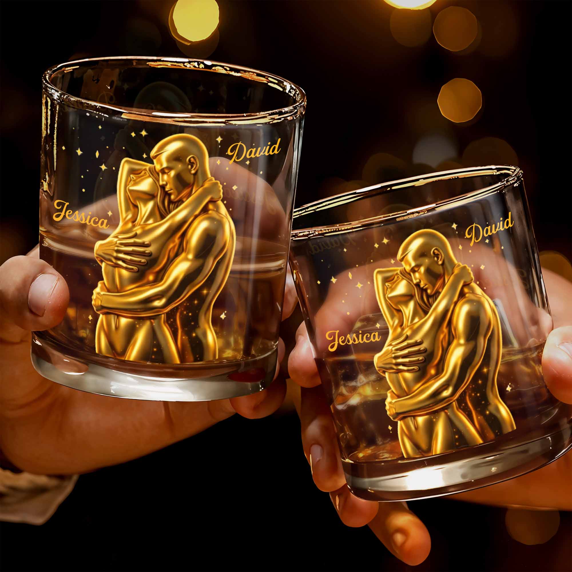Our Love Is Golden Hugging Couple With Stars - Personalized Custom Whiskey Glass - CPL1374_RWG