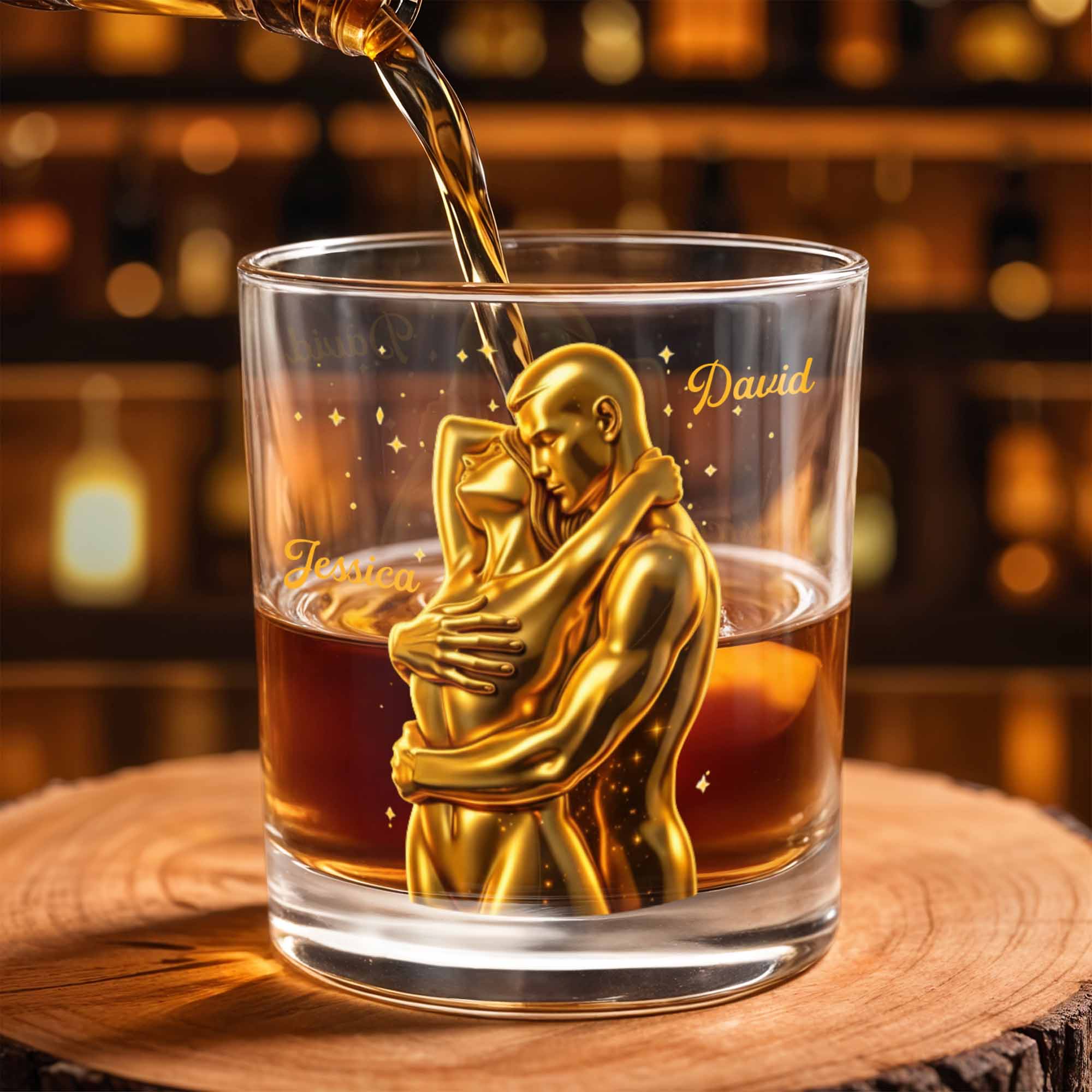 Our Love Is Golden Hugging Couple With Stars - Personalized Custom Whiskey Glass - CPL1374_RWG