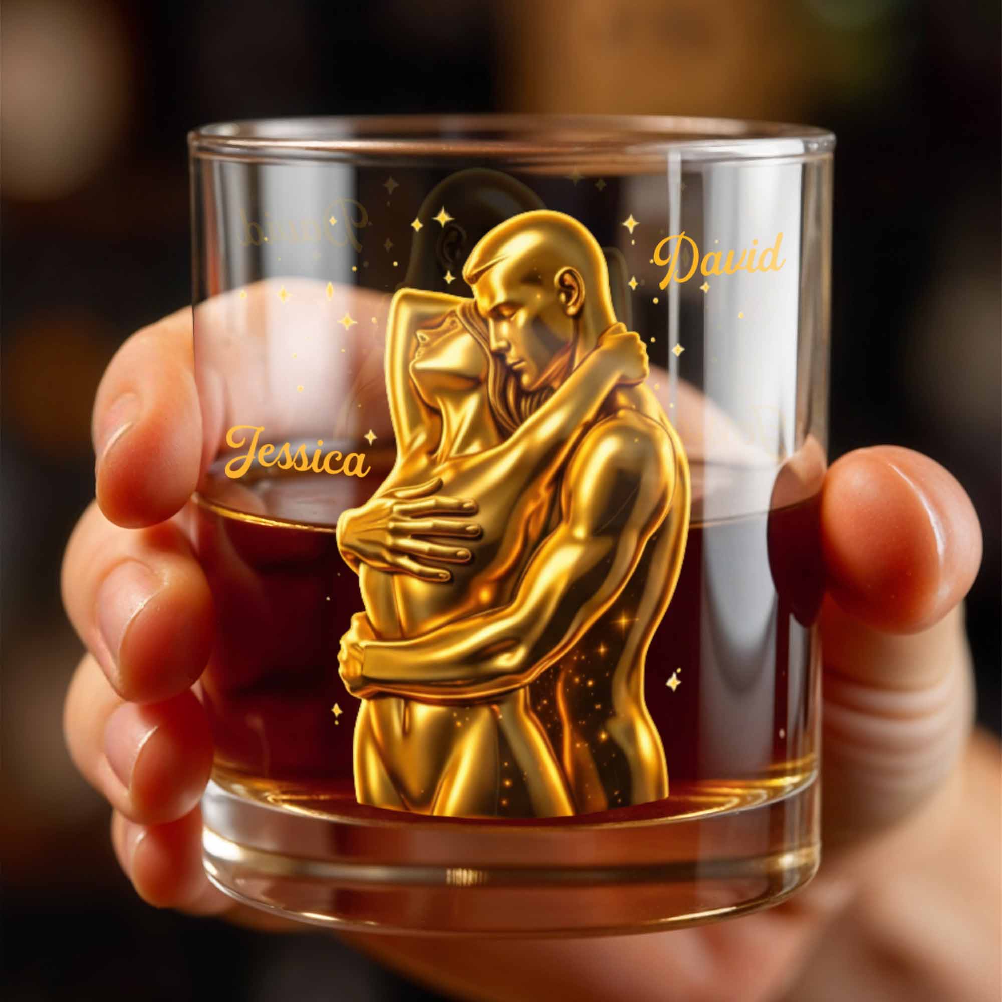 Our Love Is Golden Hugging Couple With Stars - Personalized Custom Whiskey Glass - CPL1374_RWG