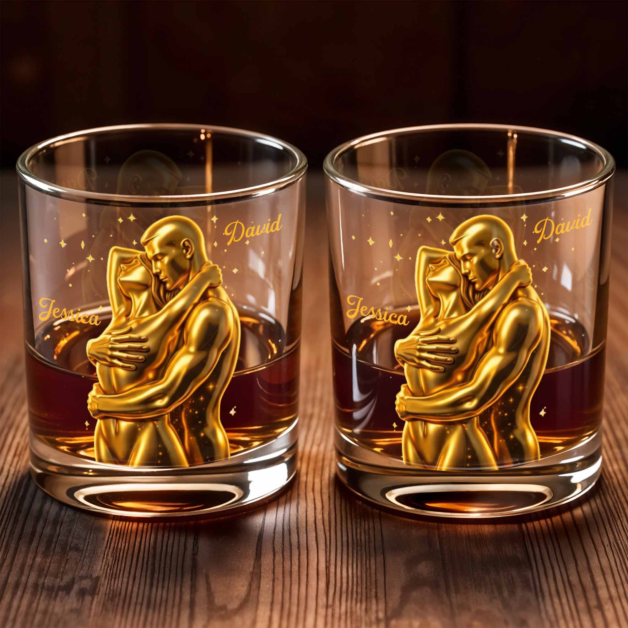 Our Love Is Golden Hugging Couple With Stars - Personalized Custom Whiskey Glass - CPL1374_RWG