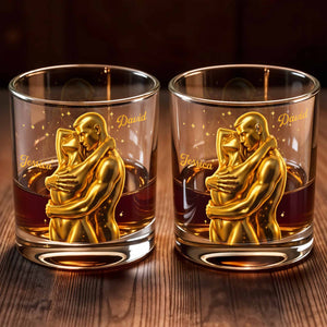 Our Love Is Golden Hugging Couple With Stars - Personalized Custom Whiskey Glass - CPL1374_RWG