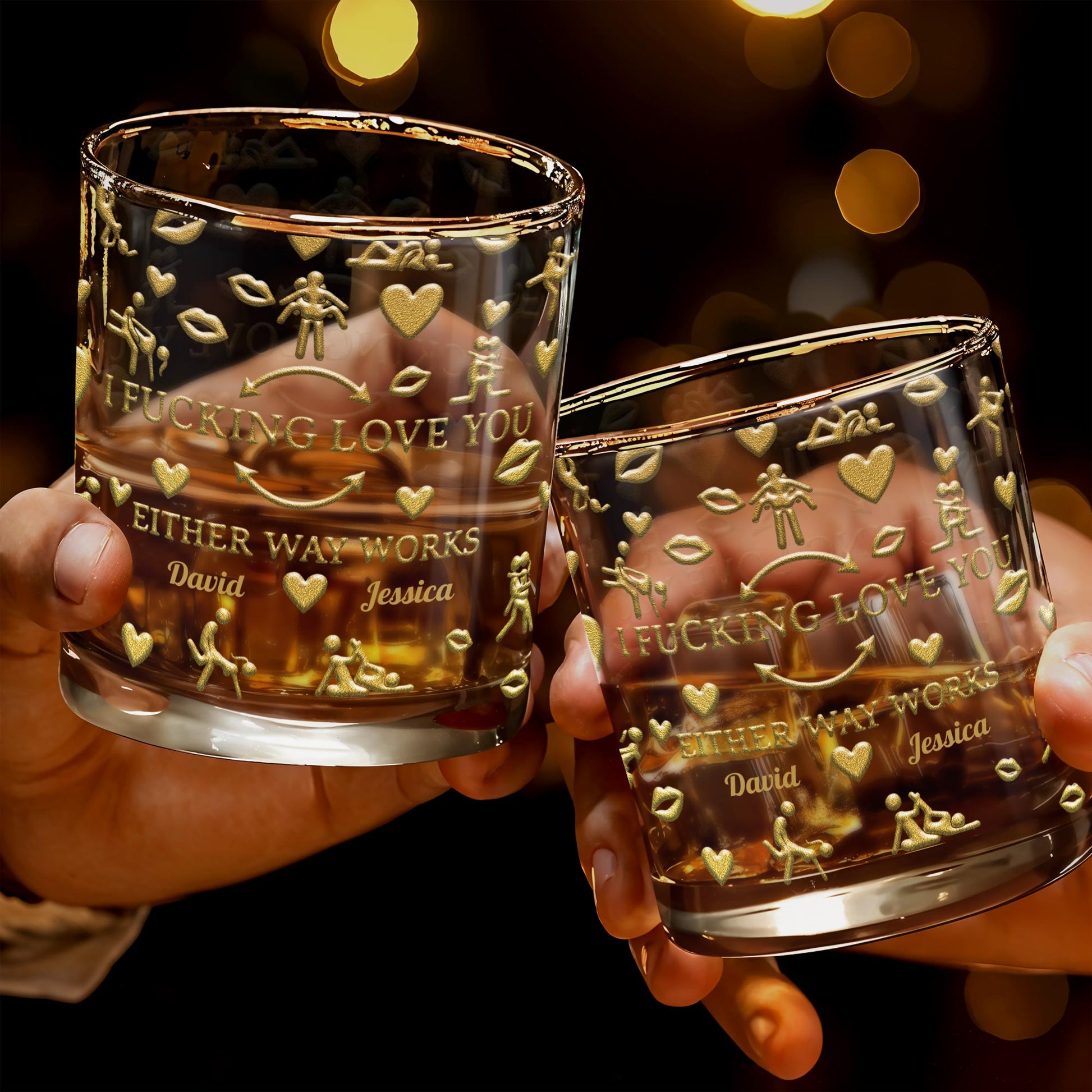 I F*cking Love You Either Way Works Hearts And Lips - Personalized Custom Whiskey Glass - CPL1375_RWG