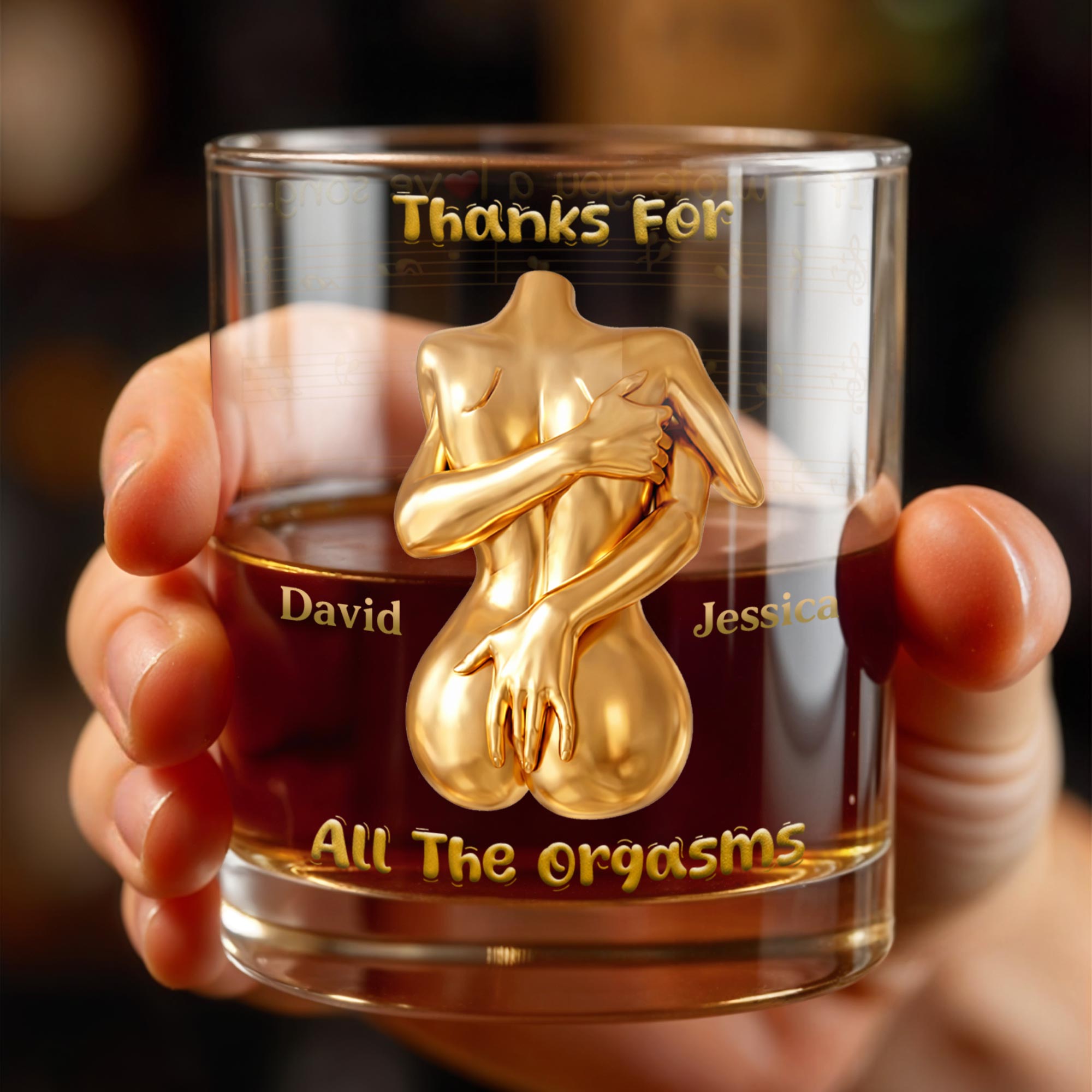 Thanks For All The Orgasms Embracing Gold Body - Personalized Custom Whiskey Glass - CPL1377_RWG