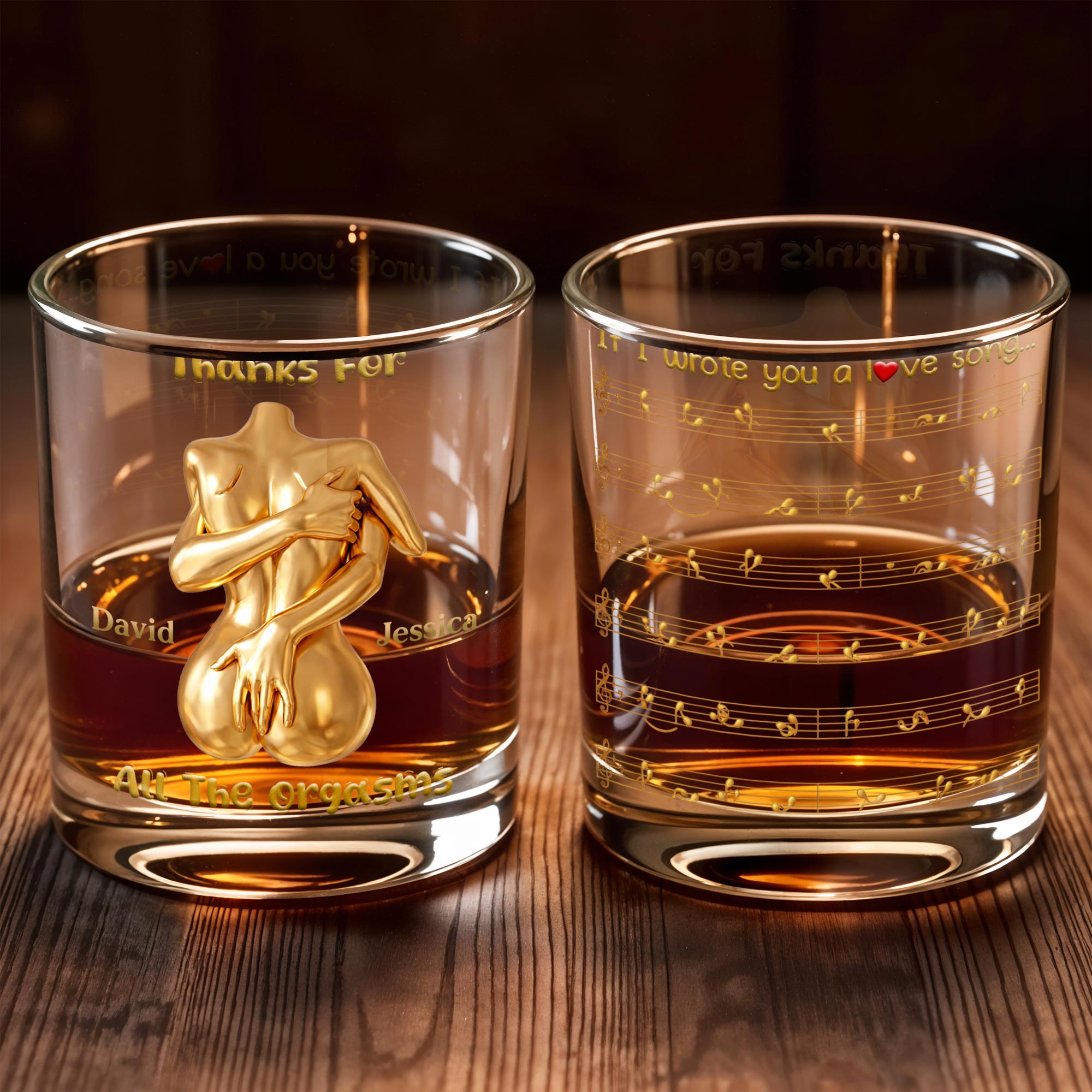 Thanks For All The Orgasms Embracing Gold Body - Personalized Custom Whiskey Glass - CPL1377_RWG