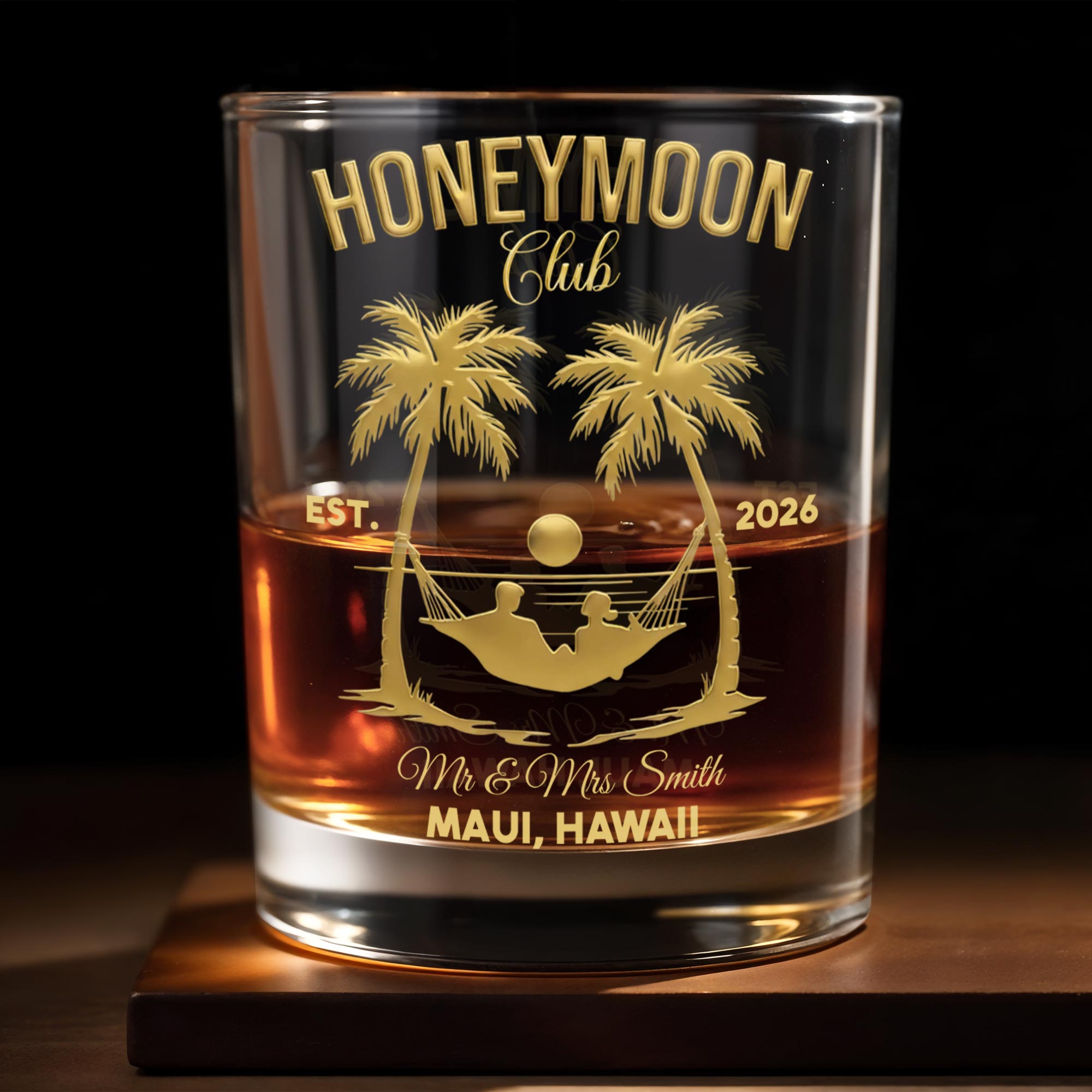 Honeymoon Club Palm Trees And Hammock Sunset Couple - Personalized Custom Whiskey Glass - CPL1379_RWG