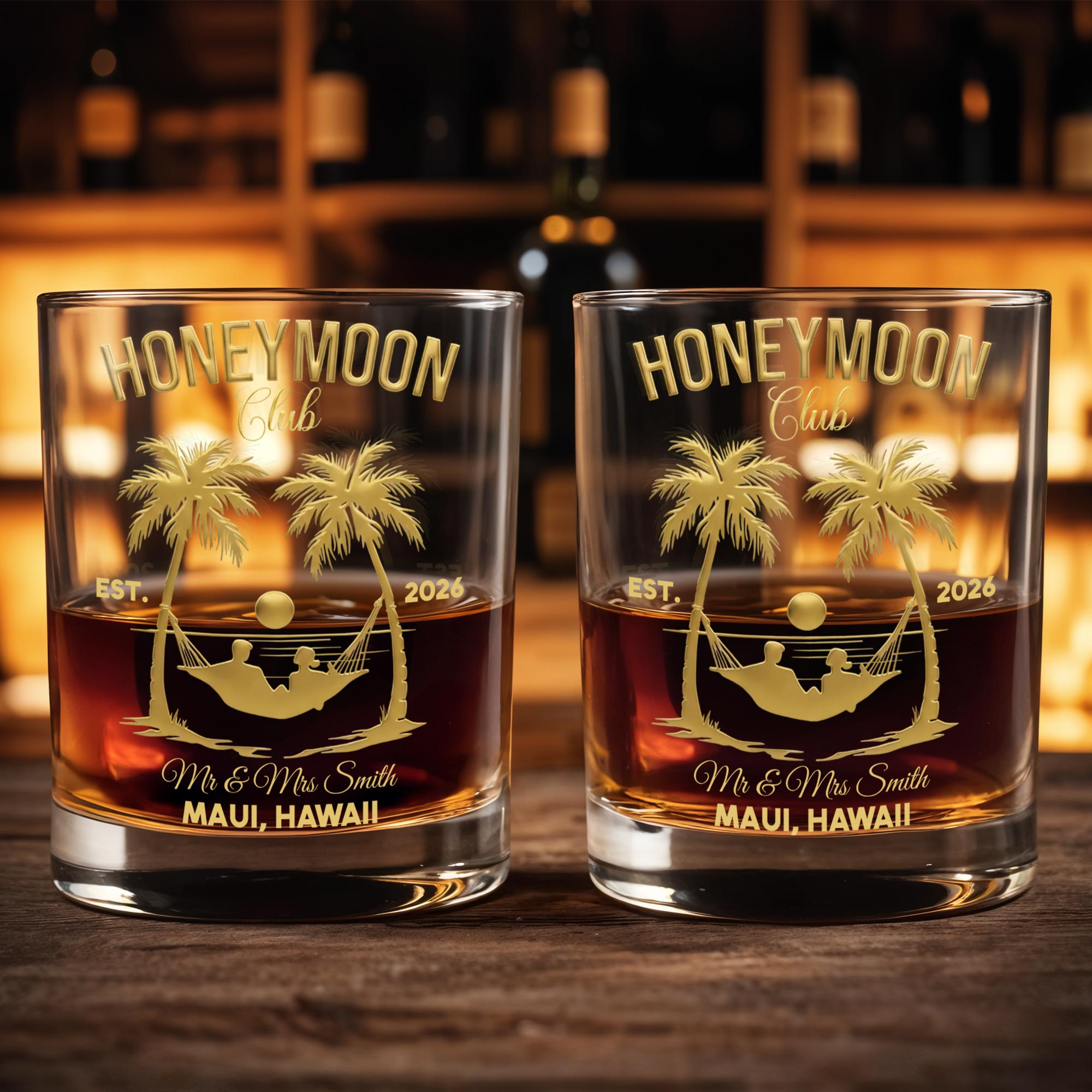 Honeymoon Club Palm Trees And Hammock Sunset Couple - Personalized Custom Whiskey Glass - CPL1379_RWG