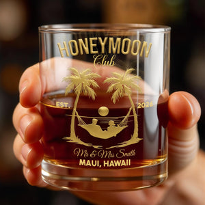 Honeymoon Club Palm Trees And Hammock Sunset Couple - Personalized Custom Whiskey Glass - CPL1379_RWG