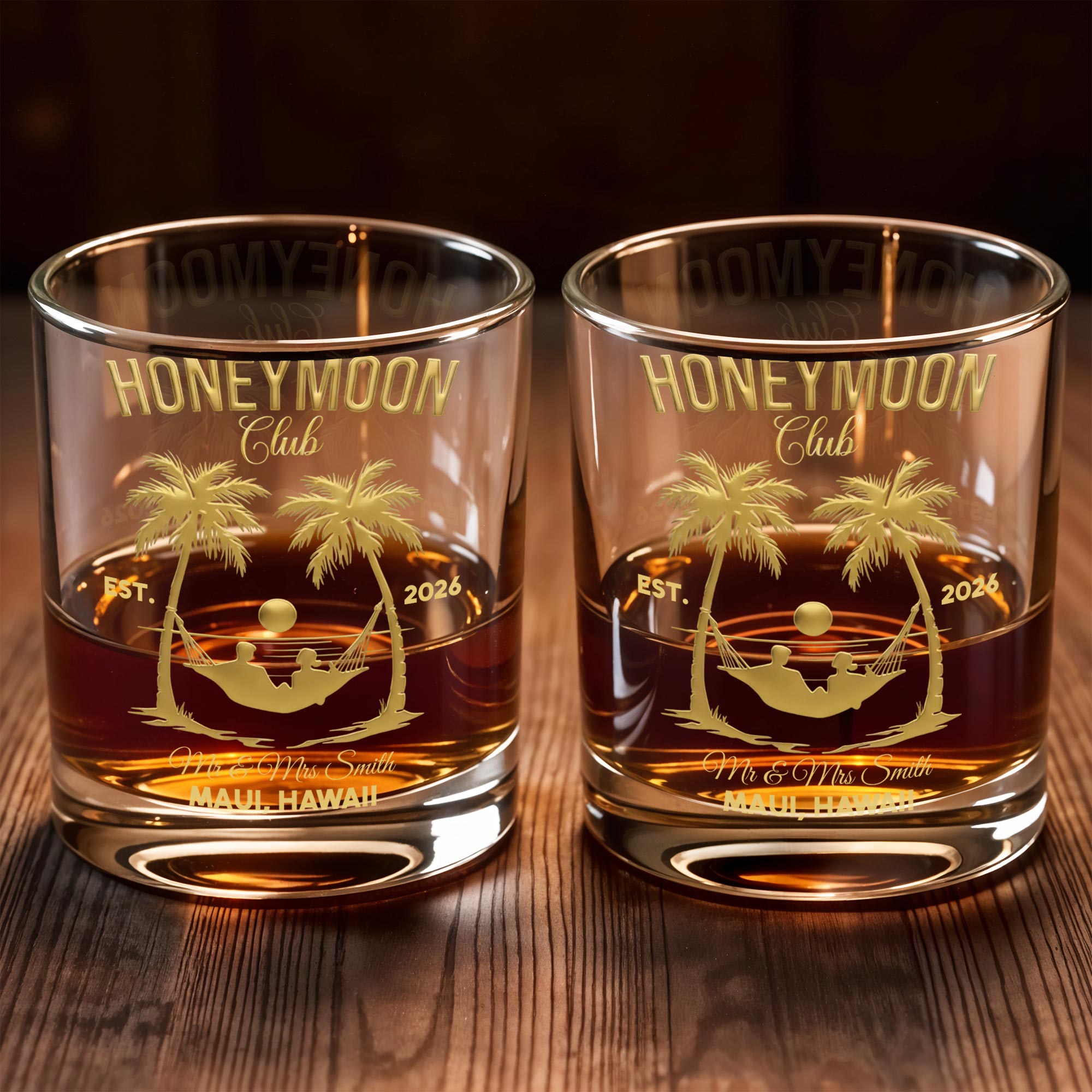 Honeymoon Club Palm Trees And Hammock Sunset Couple - Personalized Custom Whiskey Glass - CPL1379_RWG