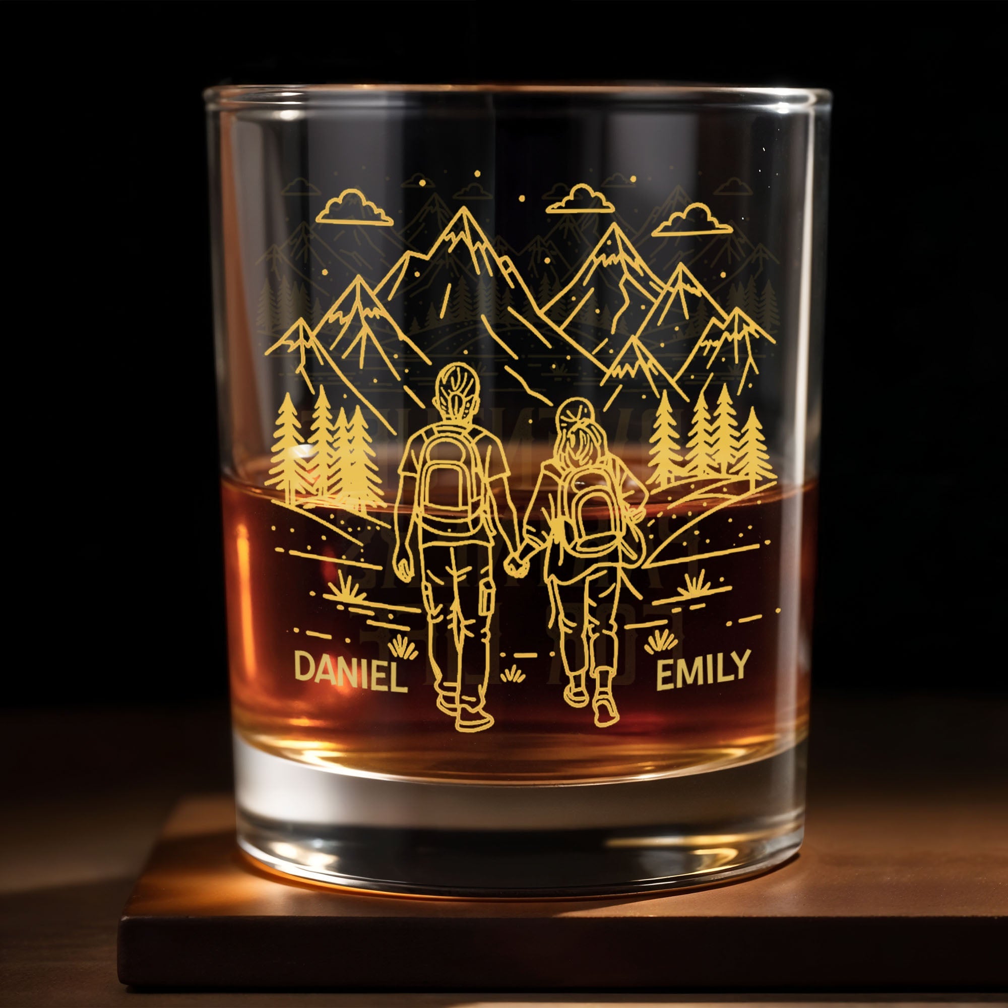Adventuring Together Side By Side With Mountain And Hiking Couple - Personalized Custom Whiskey Glass - CPL1384_RWG