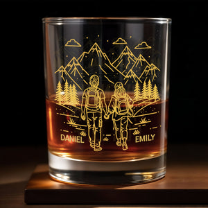 Adventuring Together Side By Side With Mountain And Hiking Couple - Personalized Custom Whiskey Glass - CPL1384_RWG
