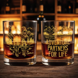 Adventuring Together Side By Side With Mountain And Hiking Couple - Personalized Custom Whiskey Glass - CPL1384_RWG
