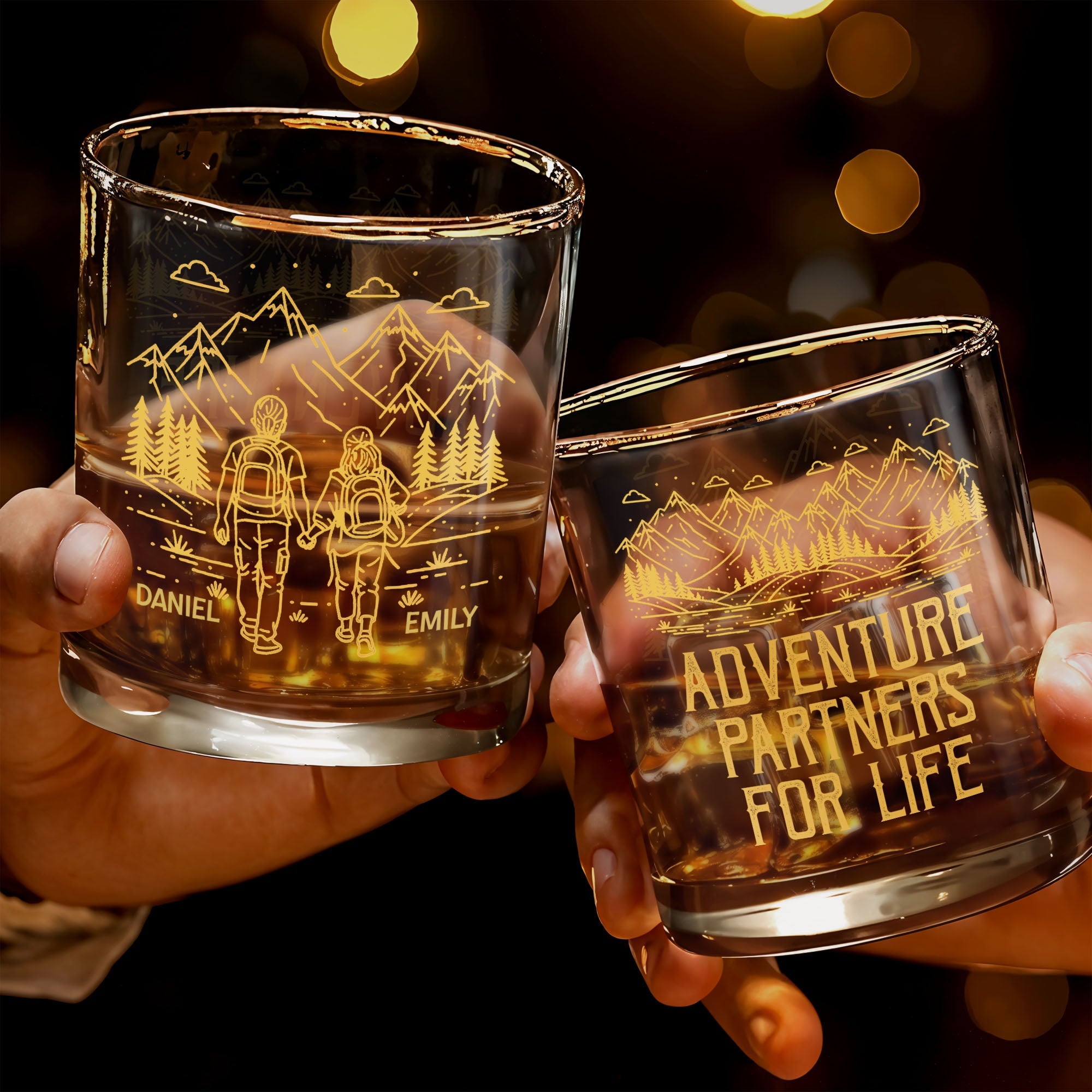 Adventuring Together Side By Side With Mountain And Hiking Couple - Personalized Custom Whiskey Glass - CPL1384_RWG