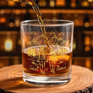 Adventuring Together Side By Side With Mountain And Hiking Couple - Personalized Custom Whiskey Glass - CPL1384_RWG
