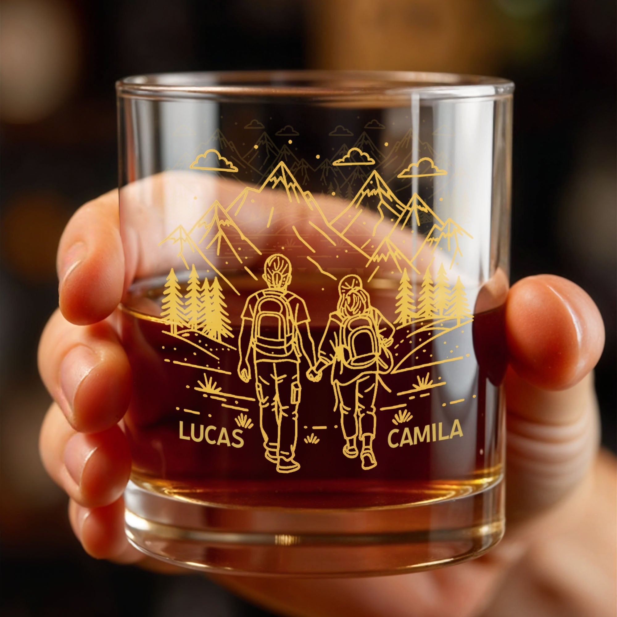 Adventuring Together Side By Side With Mountain And Hiking Couple - Personalized Custom Whiskey Glass - CPL1384_RWG