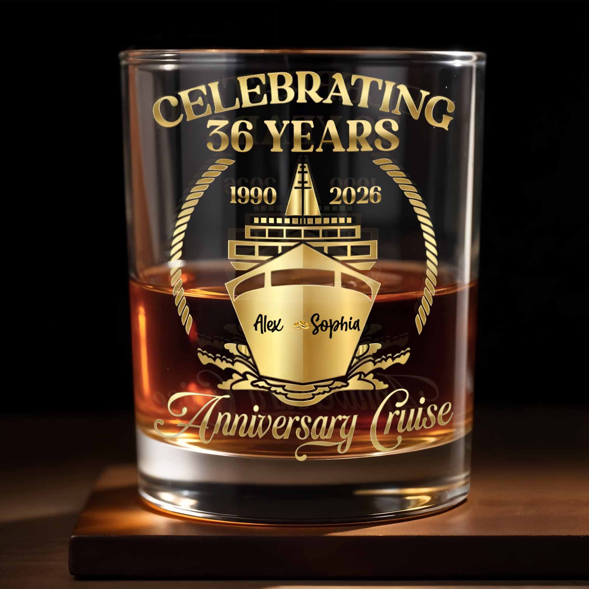 Celebrating Anniversary Cruise With Golden Cruise Ship And Nautical Frame - Personalized Custom Whiskey Glass - CPL1431_RWG