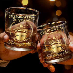 Celebrating Anniversary Cruise With Golden Cruise Ship And Nautical Frame - Personalized Custom Whiskey Glass - CPL1431_RWG