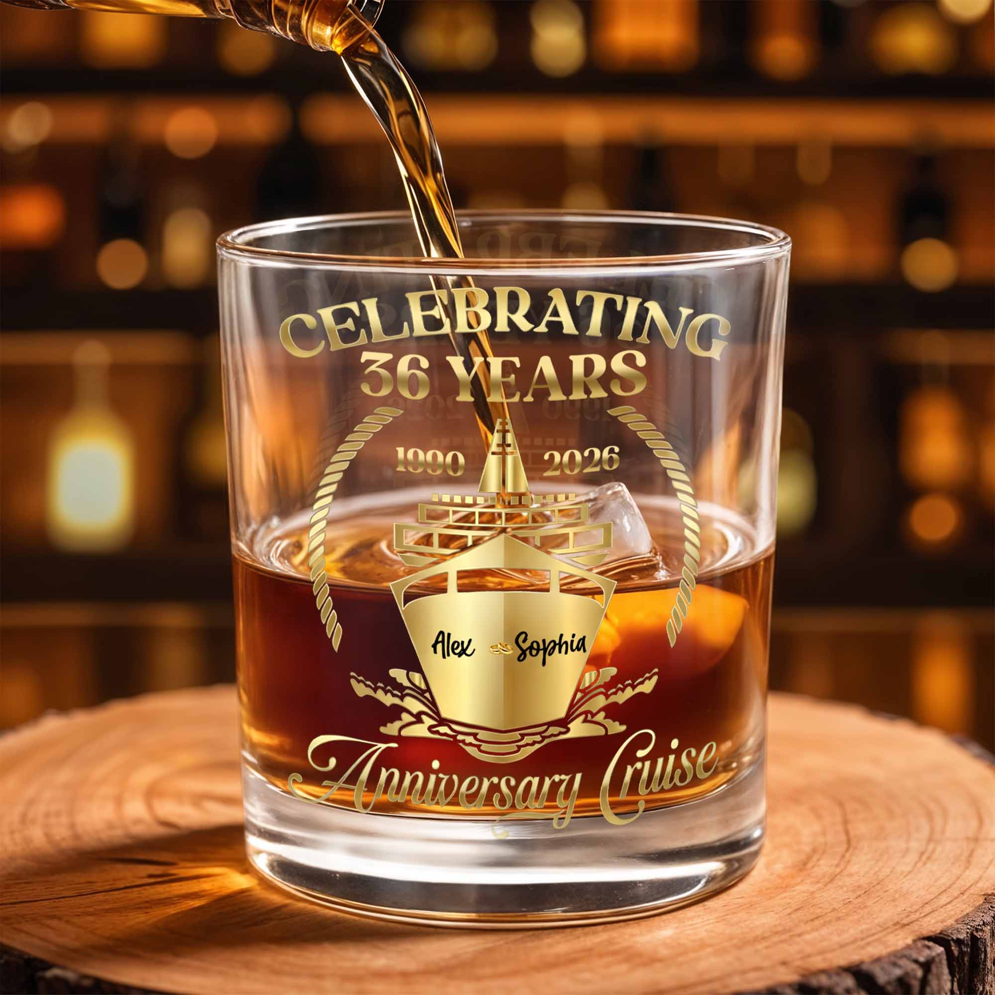 Celebrating Anniversary Cruise With Golden Cruise Ship And Nautical Frame - Personalized Custom Whiskey Glass - CPL1431_RWG