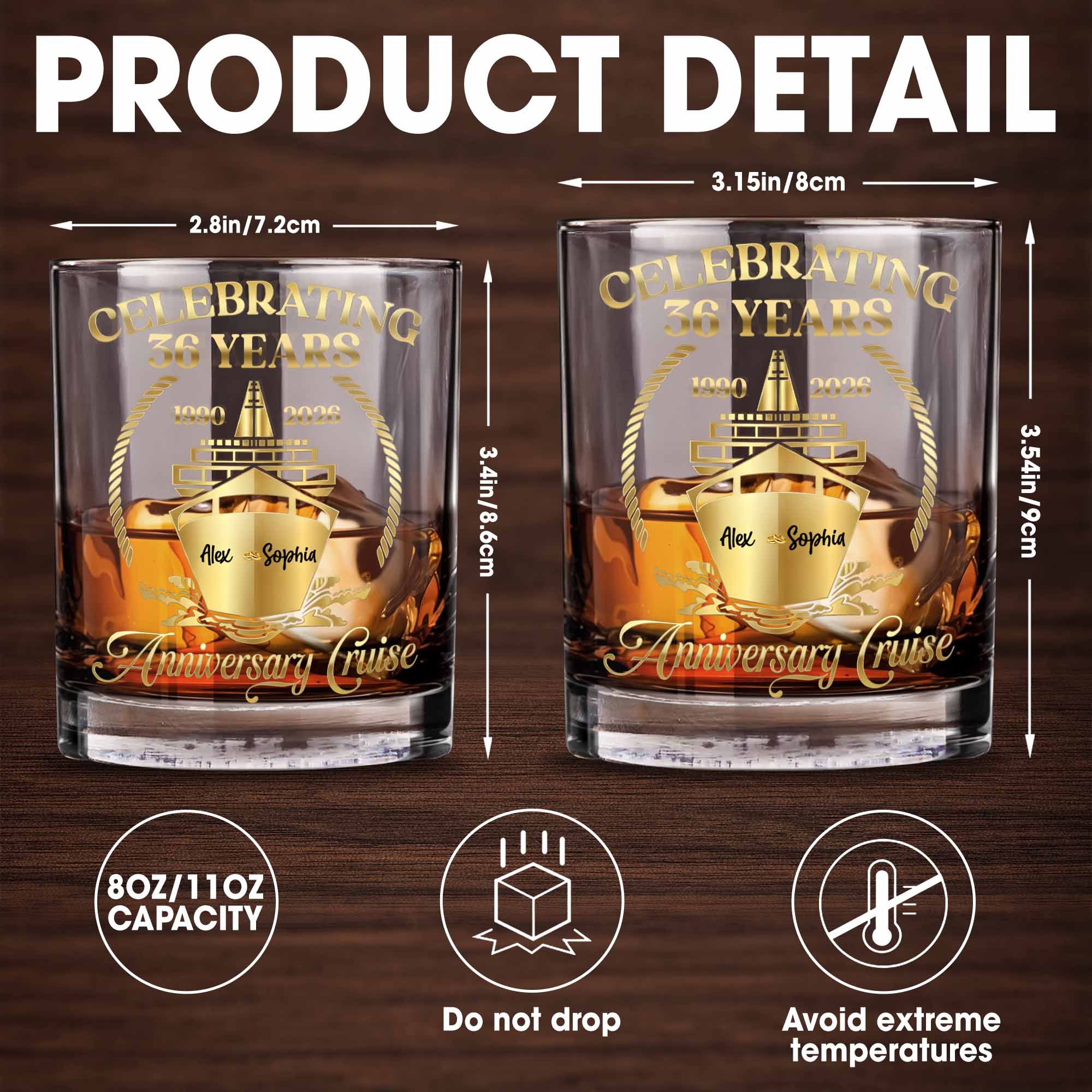 Celebrating Anniversary Cruise With Golden Cruise Ship And Nautical Frame - Personalized Custom Whiskey Glass - CPL1431_RWG