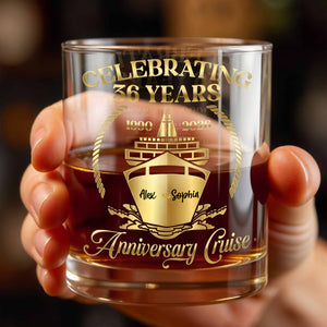 Celebrating Anniversary Cruise With Golden Cruise Ship And Nautical Frame - Personalized Custom Whiskey Glass - CPL1431_RWG