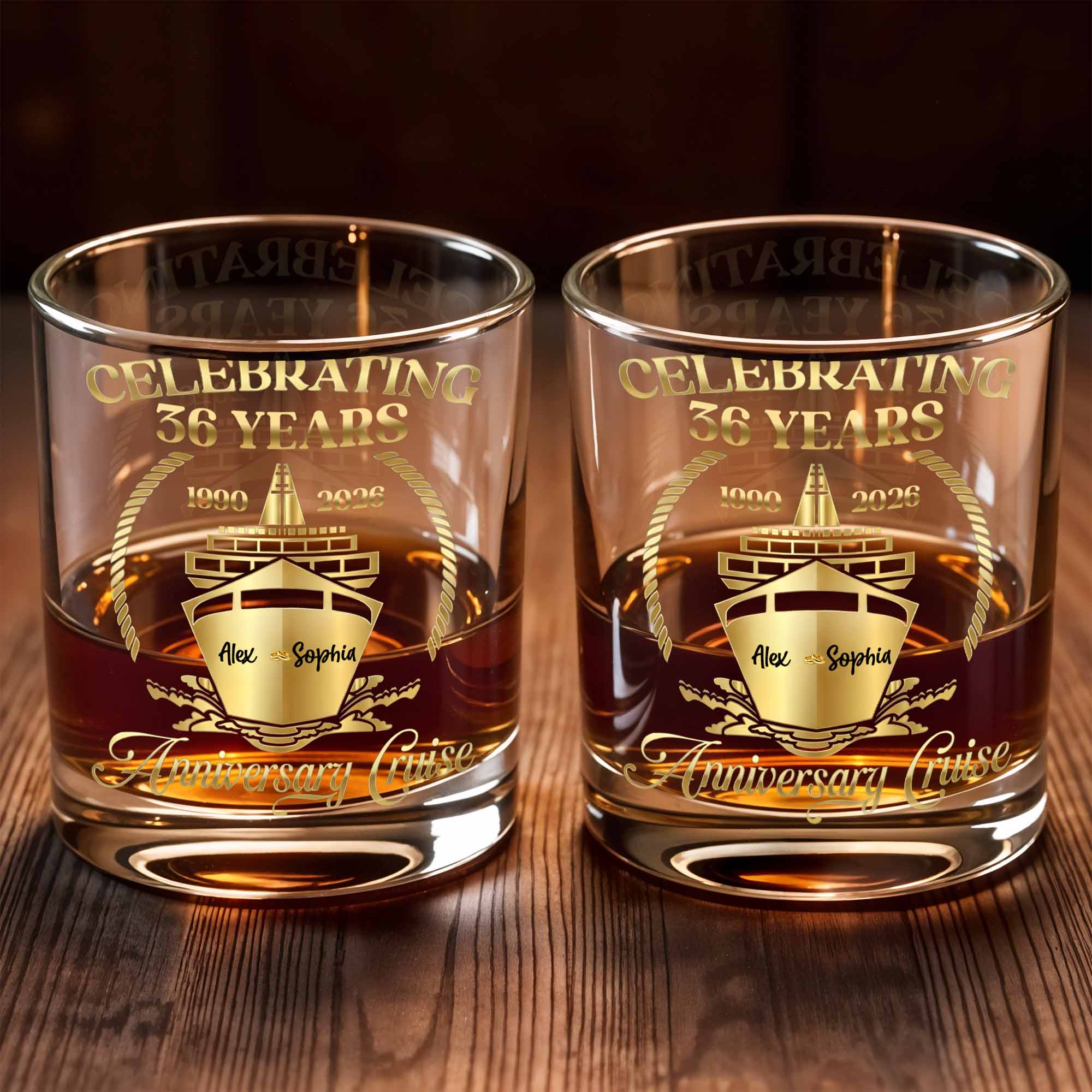 Celebrating Anniversary Cruise With Golden Cruise Ship And Nautical Frame - Personalized Custom Whiskey Glass - CPL1431_RWG