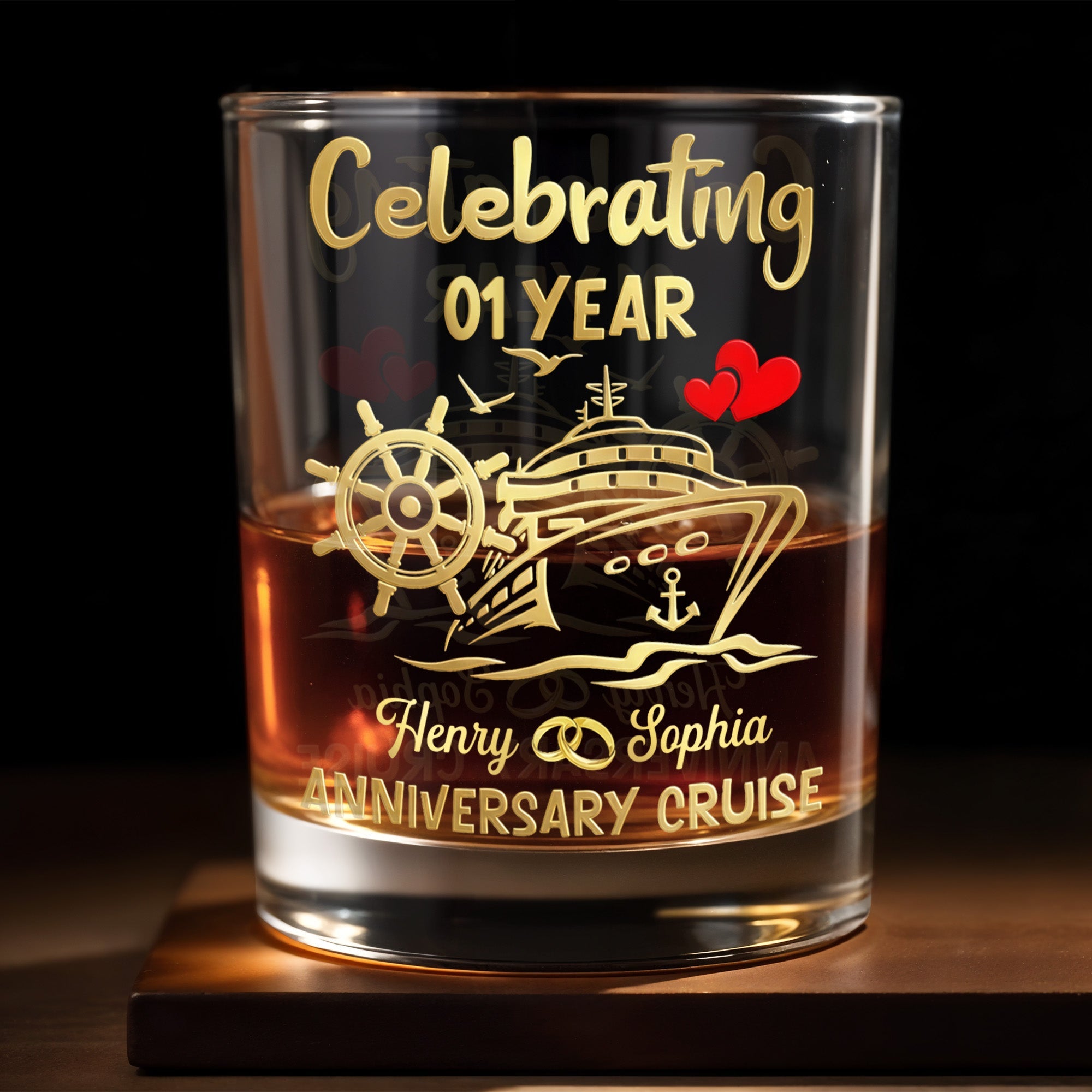 Celebrating Anniversary Cruise Ship Wheel And Hearts Design - Personalized Custom Whiskey Glass - CPL1432_RWG