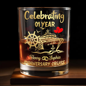 Celebrating Anniversary Cruise Ship Wheel And Hearts Design - Personalized Custom Whiskey Glass - CPL1432_RWG