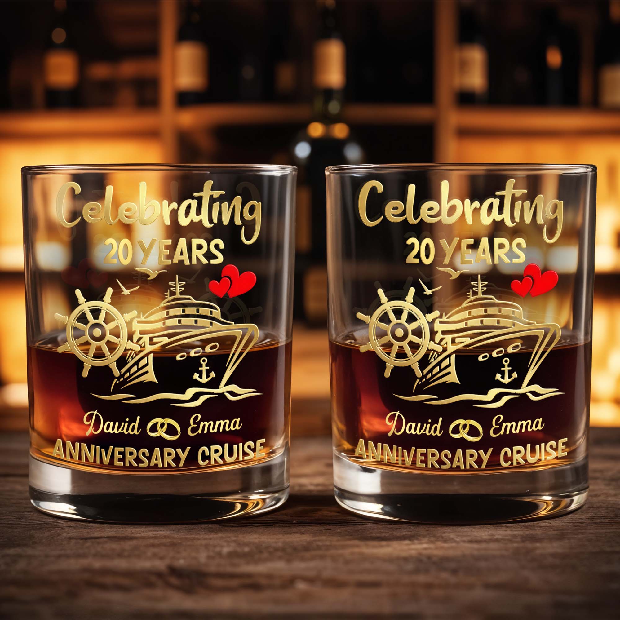 Celebrating Anniversary Cruise Ship Wheel And Hearts Design - Personalized Custom Whiskey Glass - CPL1432_RWG