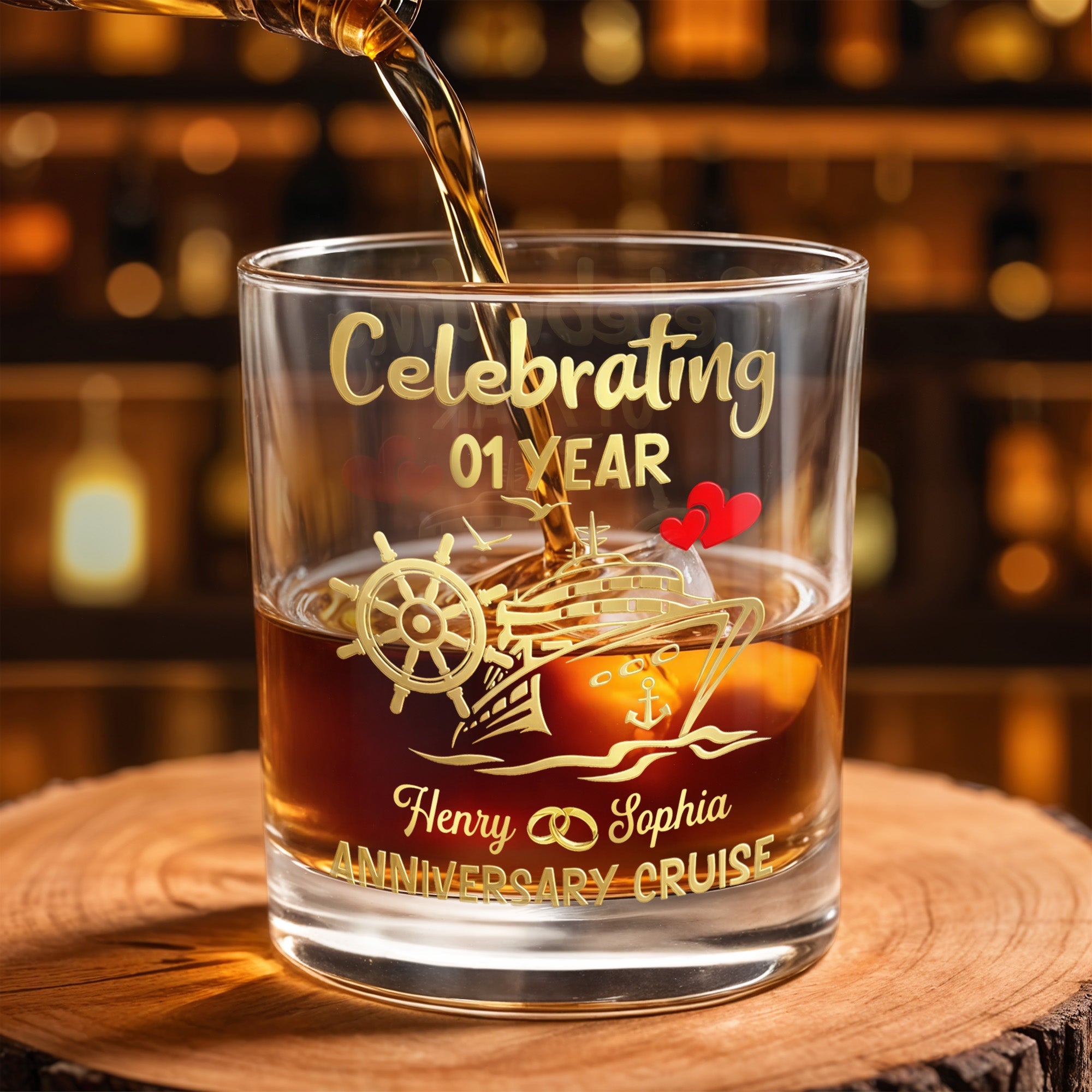 Celebrating Anniversary Cruise Ship Wheel And Hearts Design - Personalized Custom Whiskey Glass - CPL1432_RWG