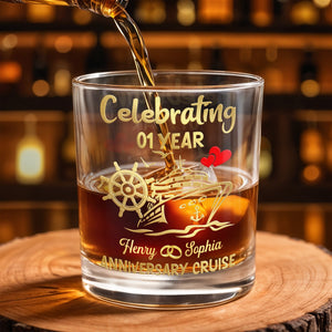 Celebrating Anniversary Cruise Ship Wheel And Hearts Design - Personalized Custom Whiskey Glass - CPL1432_RWG