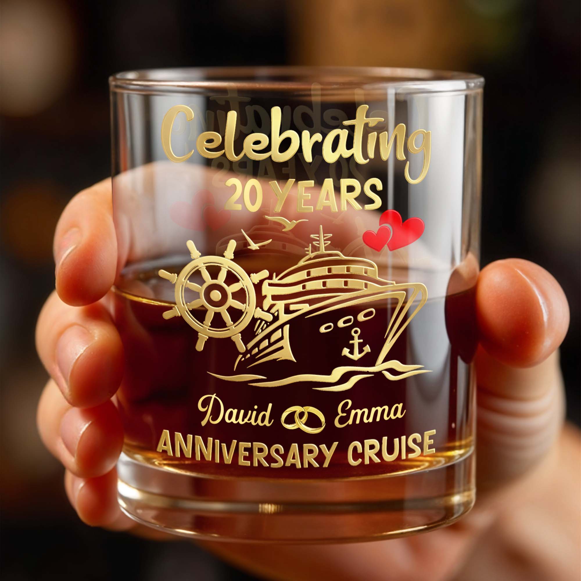 Celebrating Anniversary Cruise Ship Wheel And Hearts Design - Personalized Custom Whiskey Glass - CPL1432_RWG