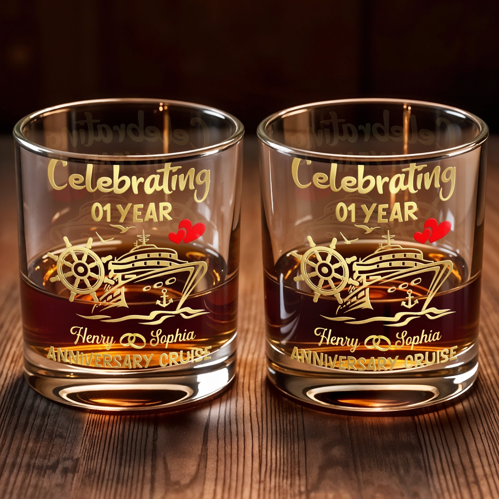 Celebrating Anniversary Cruise Ship Wheel And Hearts Design - Personalized Custom Whiskey Glass - CPL1432_RWG