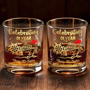 Celebrating Anniversary Cruise Ship Wheel And Hearts Design - Personalized Custom Whiskey Glass - CPL1432_RWG