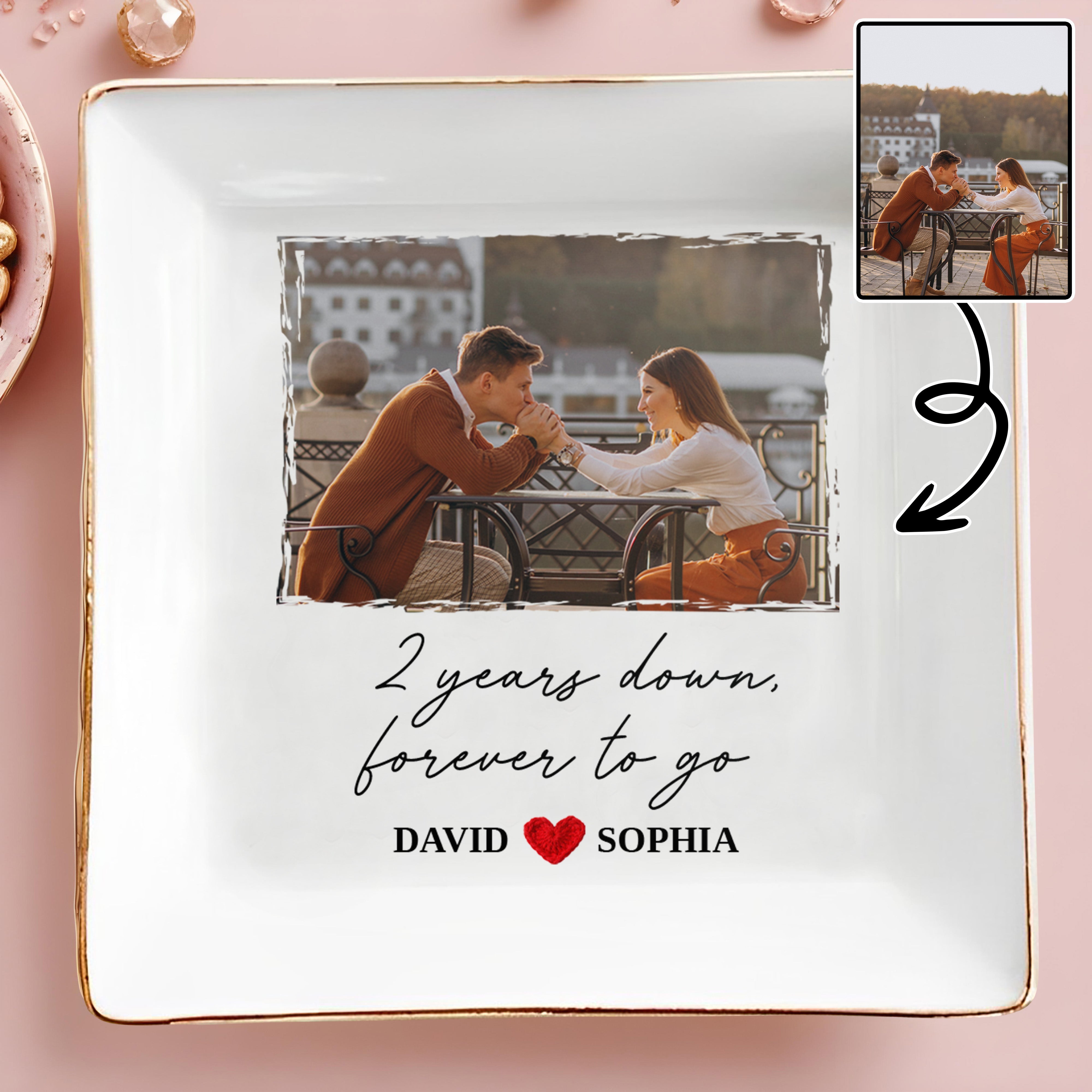 Two Years Down Forever To Go Custom Photo Heart - Personalized Custom Jewelry Dish, Square Ceramic Dish - CPL1459_SCRD