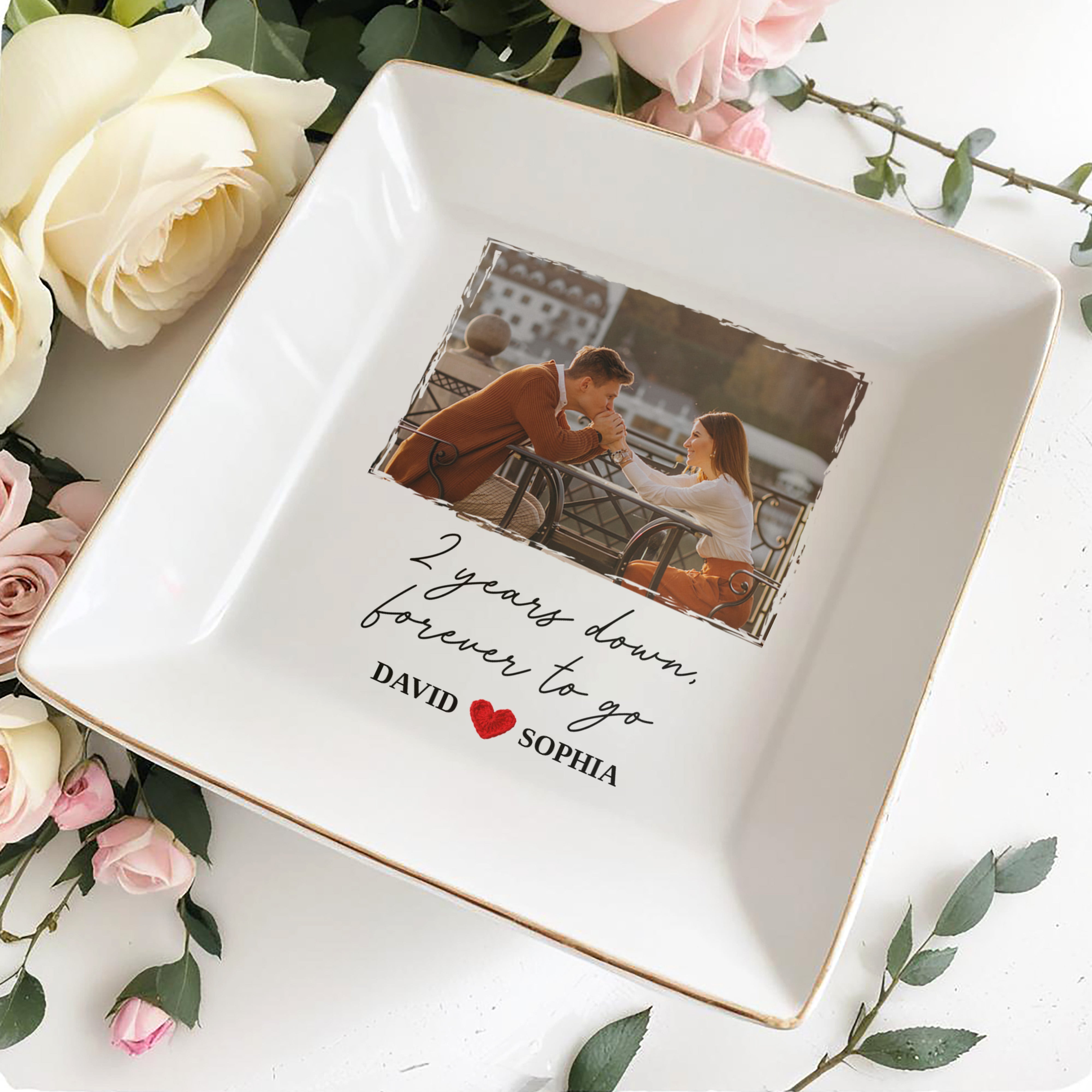 Two Years Down Forever To Go Custom Photo Heart - Personalized Custom Jewelry Dish, Square Ceramic Dish - CPL1459_SCRD