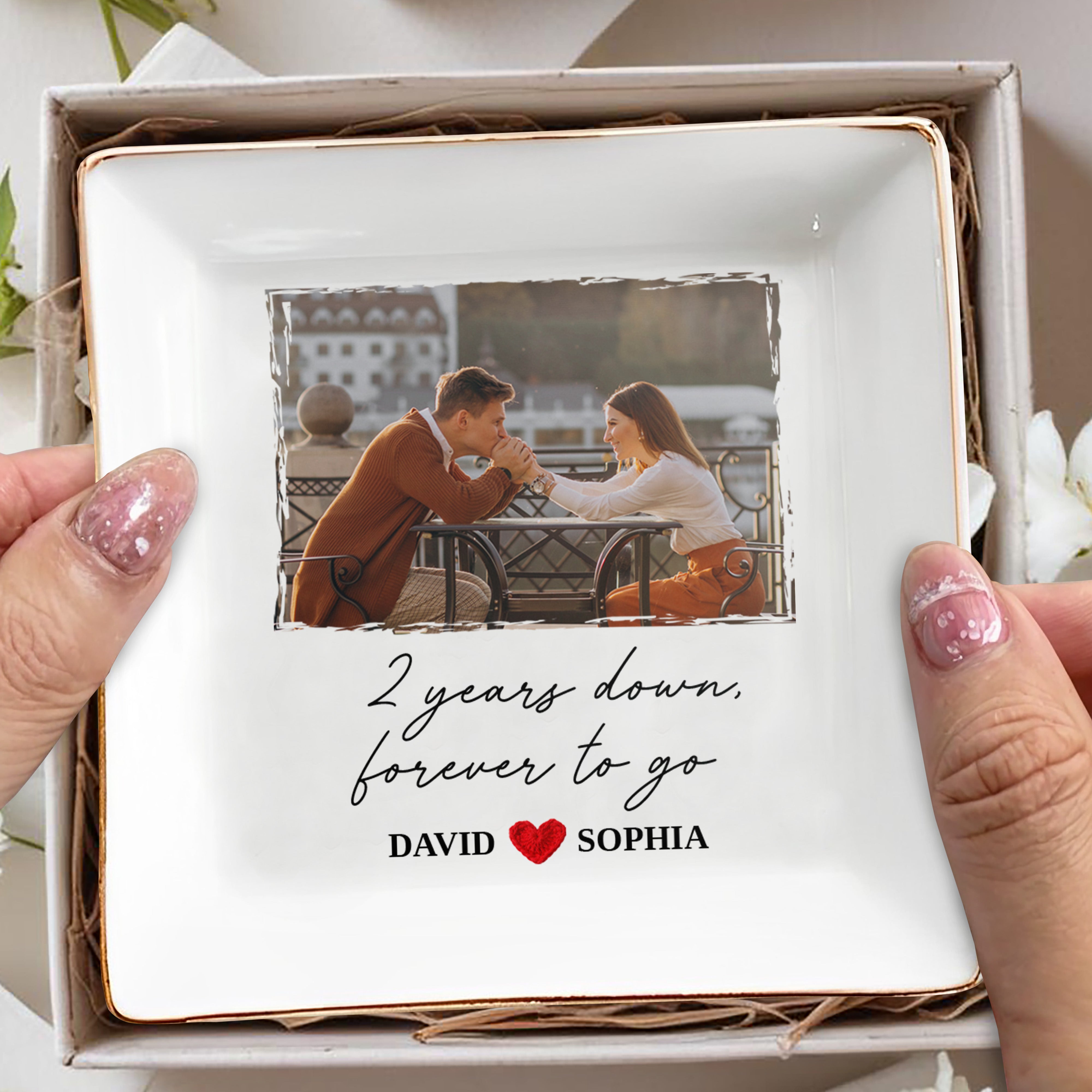 Two Years Down Forever To Go Custom Photo Heart - Personalized Custom Jewelry Dish, Square Ceramic Dish - CPL1459_SCRD