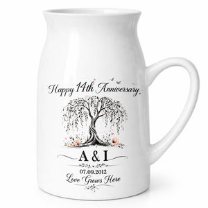 Happy Anniversary Love Grows Here Willow Tree And Flowers - Personalized Ceramic Flower Vase