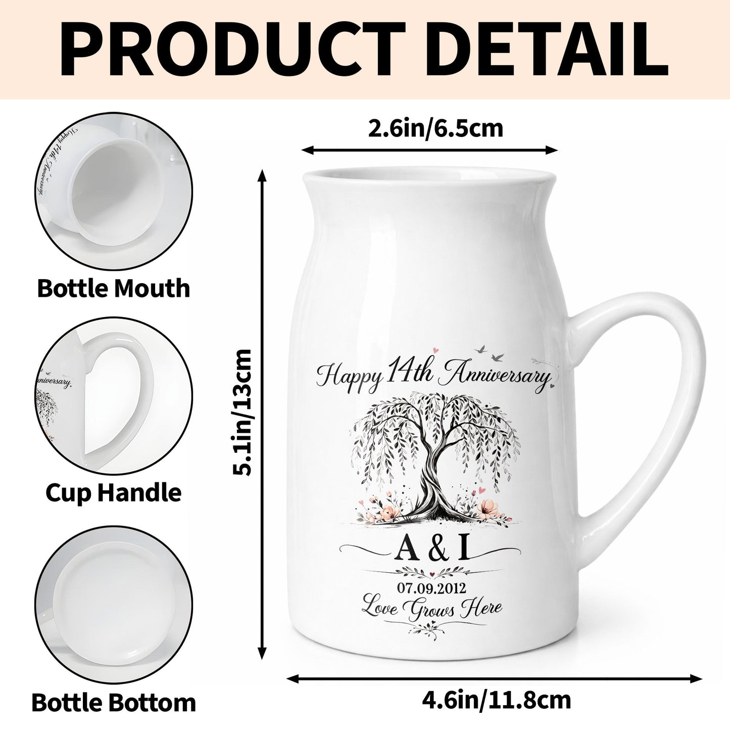 Happy Anniversary Love Grows Here Willow Tree And Flowers - Personalized Ceramic Flower Vase