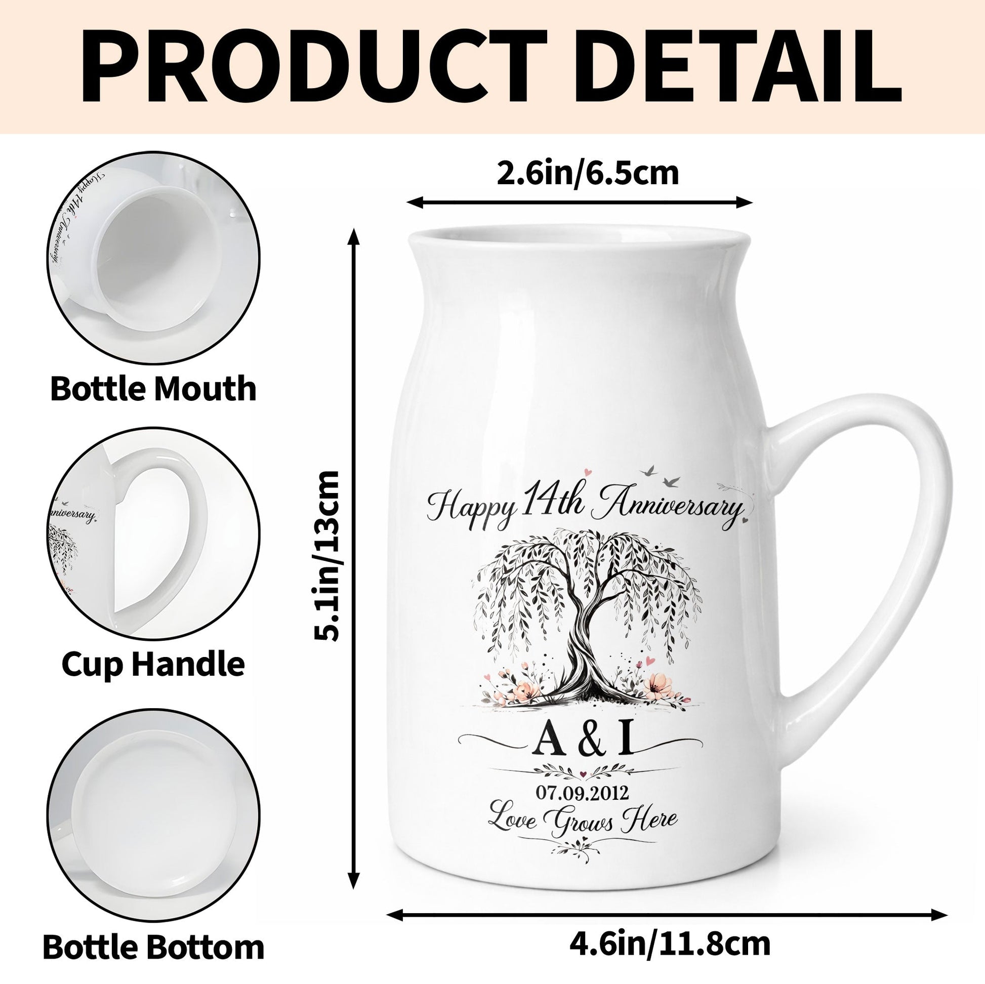 Happy Anniversary Love Grows Here Willow Tree And Flowers - Personalized Ceramic Flower Vase