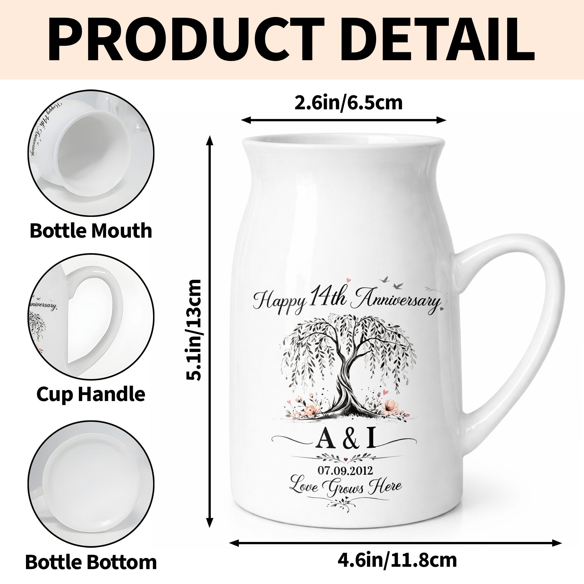 Happy Anniversary Love Grows Here Willow Tree And Flowers - Personalized Ceramic Flower Vase
