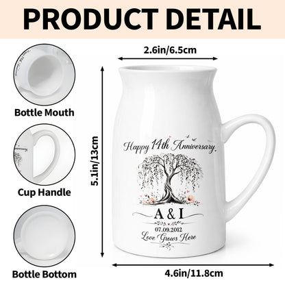 Happy Anniversary Love Grows Here Willow Tree And Flowers - Personalized Ceramic Flower Vase