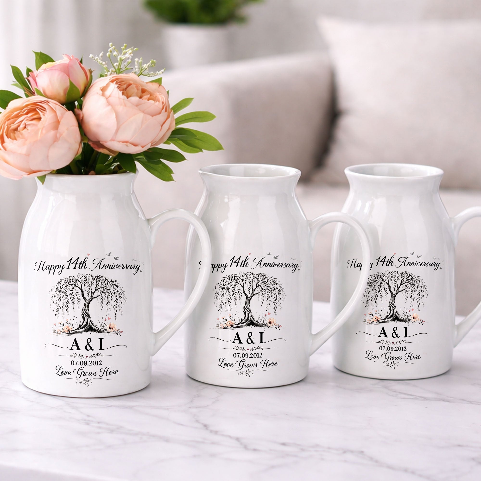 Happy Anniversary Love Grows Here Willow Tree And Flowers - Personalized Ceramic Flower Vase