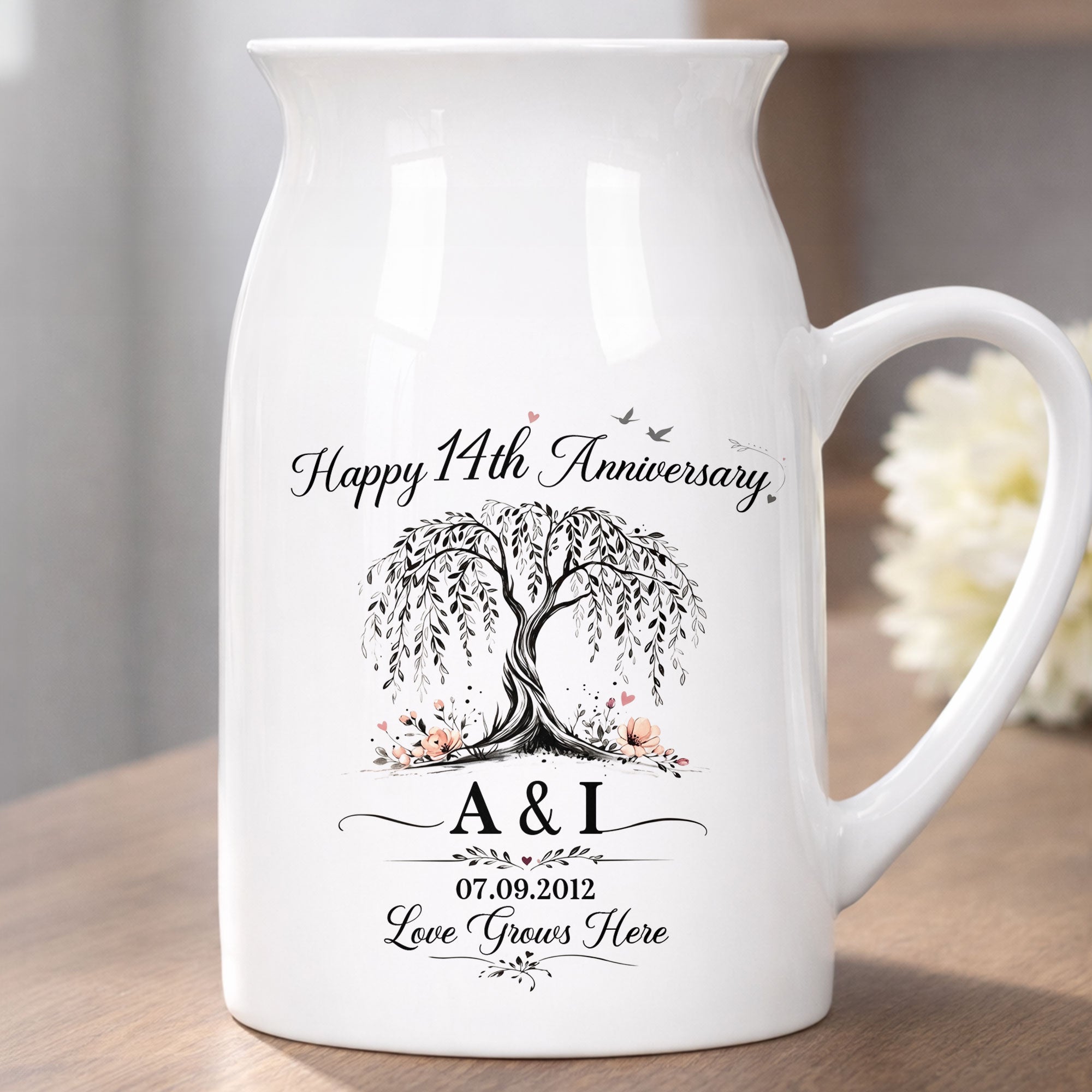 Happy Anniversary Love Grows Here Willow Tree And Flowers - Personalized Ceramic Flower Vase