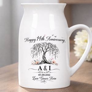 Happy Anniversary Love Grows Here Willow Tree And Flowers - Personalized Ceramic Flower Vase