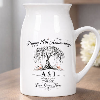 Happy Anniversary Love Grows Here Willow Tree And Flowers - Personalized Ceramic Flower Vase