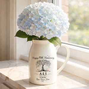 Happy Anniversary Love Grows Here Willow Tree And Flowers - Personalized Ceramic Flower Vase